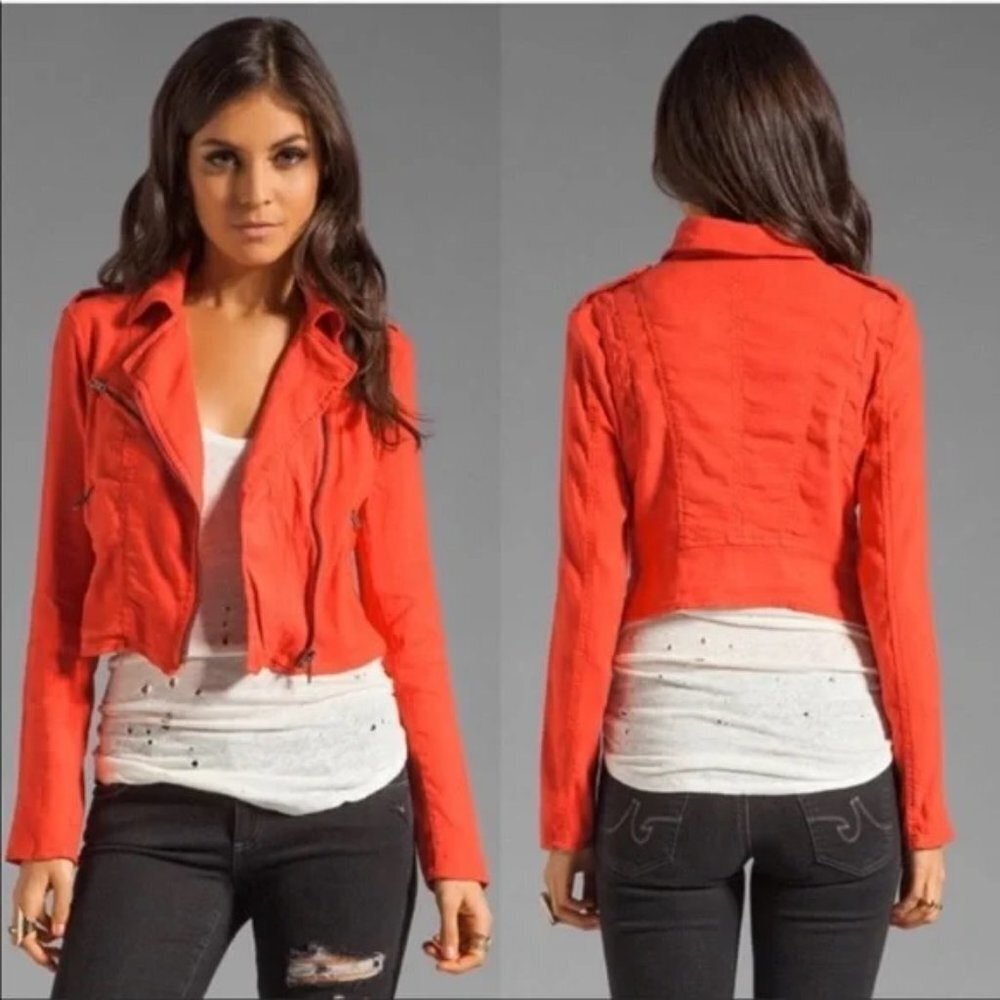 Free People Lovely In Linen Cherry Red Moto Jacket Women's 4‎ Cropped Coral Y2K